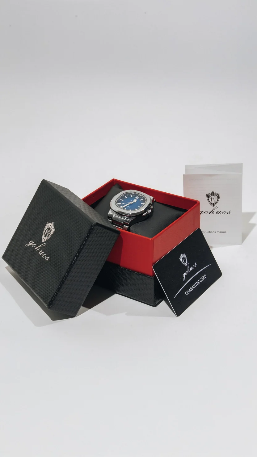 Gohuos presentation box open with a watch, guarantee card and instruction manual